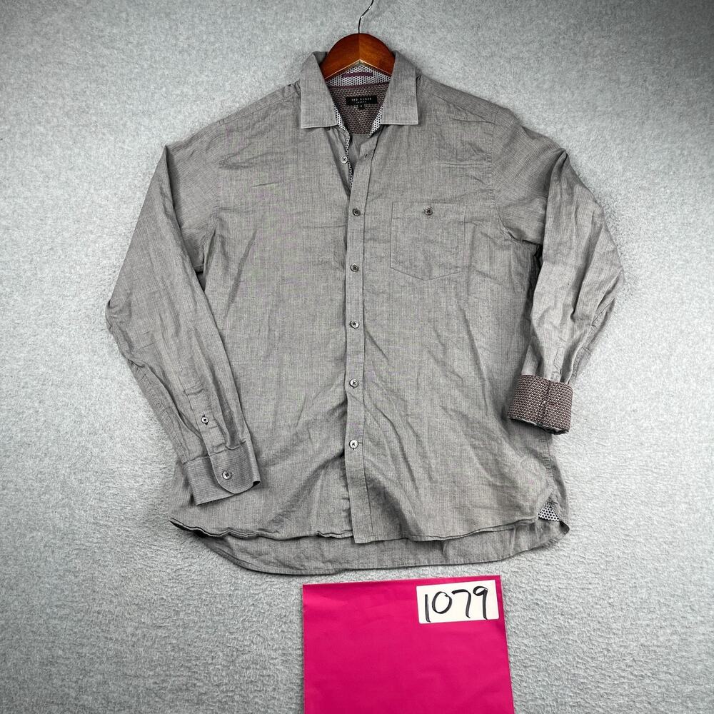 Ted Baker London Shirt Large 4 Gray Flip Cuff Casual Button Up Long Sleeve Mens